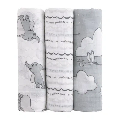 Disney Nojo  Dumbo Gray And White 3 Piece Muslin Swaddle Baby Blanket Set In Grey