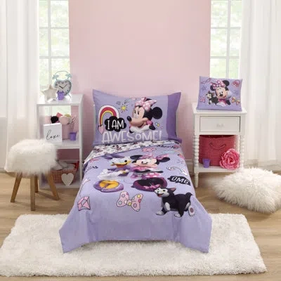 Disney Nojo  Minnie Mouse I Am Awesome 4 Piece Toddler Bed Set In Black;lavender