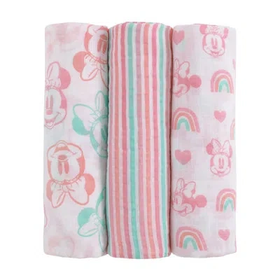 Disney Nojo  Minnie Mouse Pink, Aqua, And White 3 Piece Muslin Swaddle Baby Blanket Set