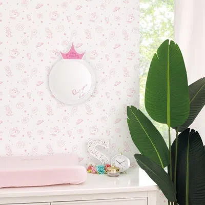 Disney Nojo  Once Upon A Time Princess White Round Wooden Framed Wall Mirror With Pink Tiara