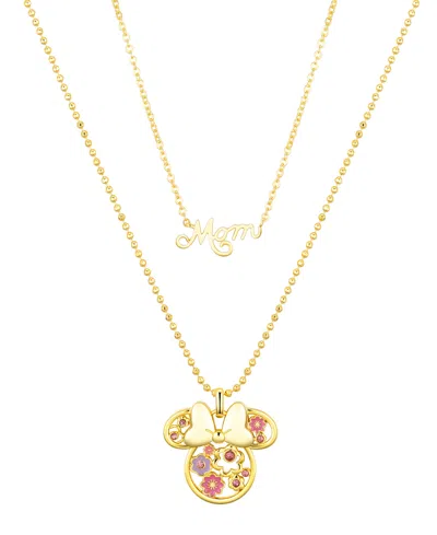 Disney Pink Crystal Minnie Mouse Flower Mom Layered Pendant Necklace In Gold