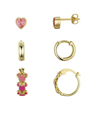 Disney Pink Cubic Zirconia Enamel Heart Minnie Mouse Stud Hoop Earring Set In Gold