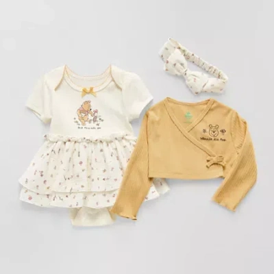 Disney Pooh Disney Baby Girls 3-pc. Crew Neck Short Sleeve Winnie The Pooh Bodysuit Set In Yellow