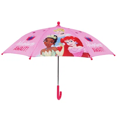 Disney Princess "adventures Await" Kids Umbrella - 31" Arc Pink Umbrella With Ariel, Tiana & Cinderella