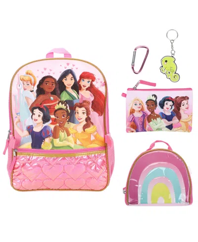 Disney Princess Kids' Girls' Backpack, Lunch Bag, Pencil Case, Key Chain And Carabiner, 5-piece Set In Pink