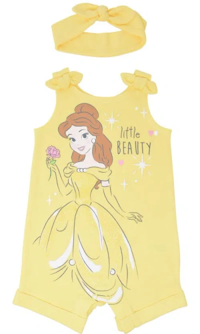 Disney Babies'  Princess Sleeveless Romper Headband Set In Yellow