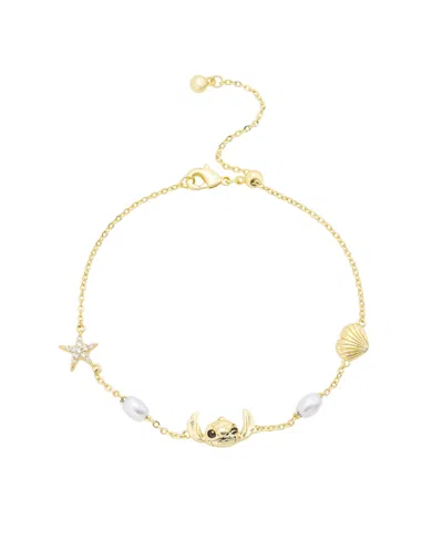 Disney Stitch Cubic Zirconia And Glass Pearl Stitch And Shell Charm Bolo Bracelet In Gold