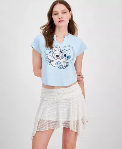 Disney Tee Women's Blue Stitch And Angel Print Raglan Sleeve Pall370
