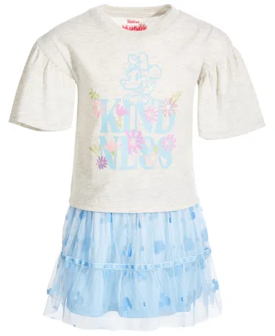 Disney Kids' Toddler & Little Girls 2-pc. Minnie Mouse Kindness Printed Flutter-sleeve T-shirt & Tulle Skirt Set In Light Beig
