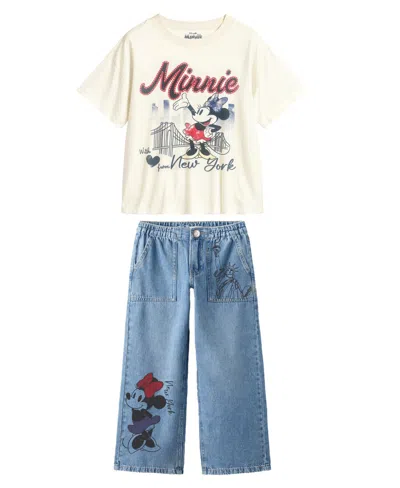 Disney Kids' Toddler And Little Girls 2-piece Minnie I Love New York T-shirt And Denim Pants Set In Blue