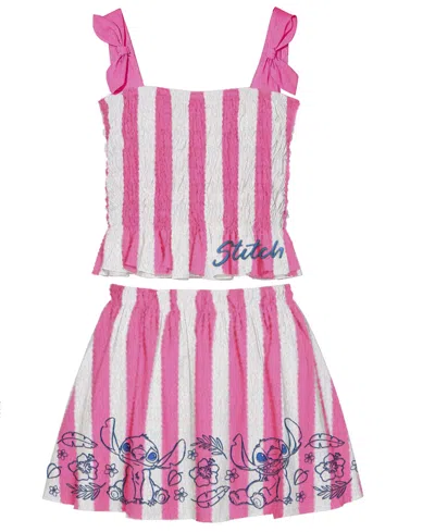 Disney Kids' Toddler And Little Girls 2-piece Stitch Embroidered Stripe Top And Skirt Set