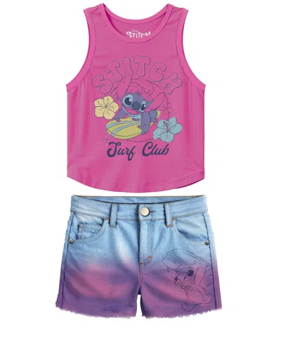 Disney Kids' Toddler And Little Girls 2-piece Stitch Surf Club Tank Top And Denim Shorts Set