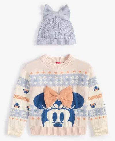 Disney Kids' Toddler & Little Girls Minnie Mouse Intarsia Sweater & Cable-knit Beanie, 2 Piece Set In Egg Nog