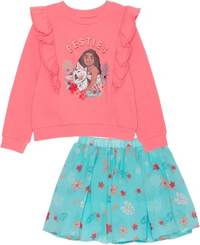 Disney Kids' Toddler And Little Girls 2-piece Moana Besties Long Sleeve Top And Skirt Set In Coral