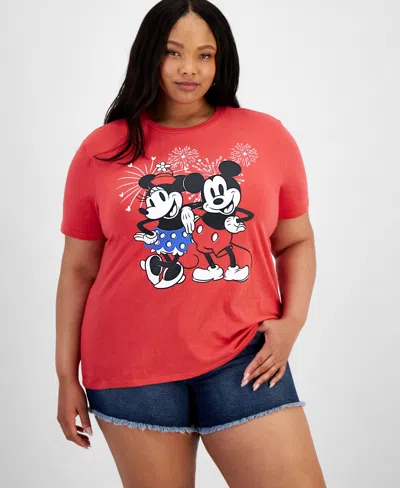 Disney Trendy Plus Size Mickey And Minnie Graphic T-shirt In Red