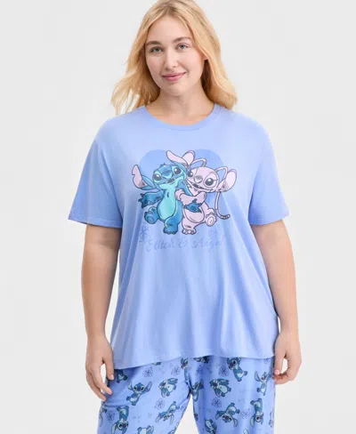 Disney Trendy Plus Size Stitch & Angel Graphic T-shirt In Blue