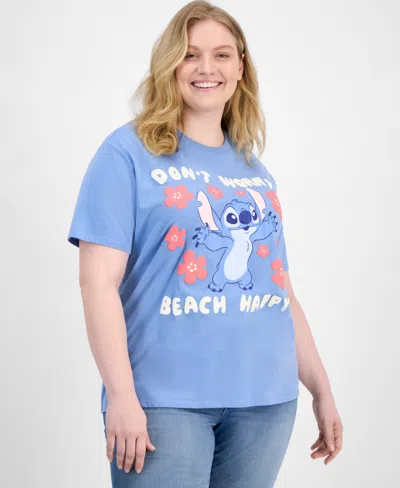 Disney Trendy Plus Size Stitch Beach Happy Graphic T-shirt In Blue