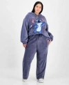 Disney Trendy Plus Size Stitch Fleece Pullover Hoodie Stitch Fleece Drawstring Pants In Blue