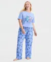 Disney Trendy Plus Size Stitch Love Printed Drawstring Pants In Blue