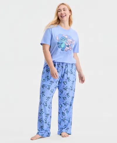 Disney Trendy Plus Size Stitch Love Printed Drawstring Pants In Blue