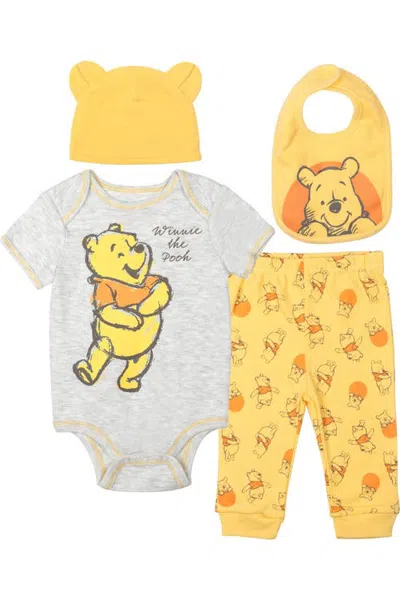 Disney Babies'  Winnie The Pooh 4-piece Bodysuit Pants Bib And Hat Set In Yellow