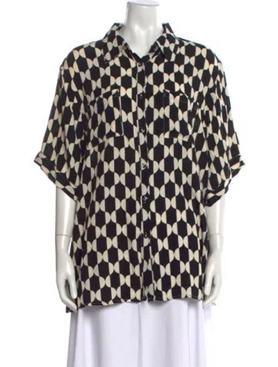 Pre-owned Dissh Printed Short Sleeve Button-up Top In Black
