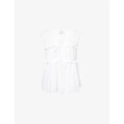Dissh Womens White Quinn Ruffled Linen And Cotton Top