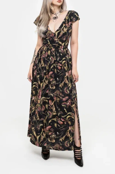 Disturbia Dionaea Flytrap Print V-neck Maxi Dress In Black