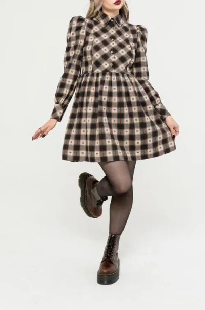 Disturbia Emily Cotton Check Mini Shirt Dress In Brown