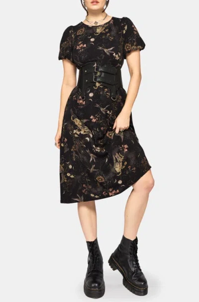 Disturbia Harpyiai Print Puff Sleeve Midi Dress In Black