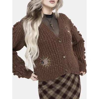 Disturbia Isla Chunky Embroidered Knit Cardigan In Brown