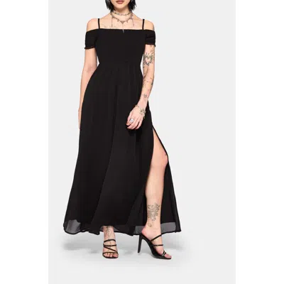 Disturbia Mircalla Shirred Bardot Maxi Dress In Black