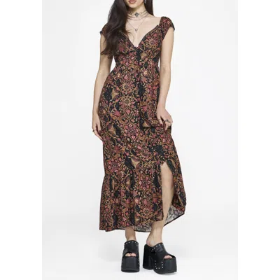 Disturbia Mythos Print Milkmaid Smock Midaxi Dress In Brown