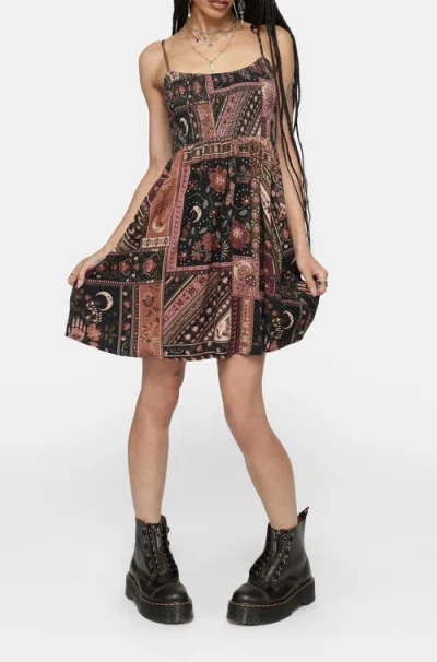 Disturbia Nola Folk Patchwork Print Mini Dress In Black