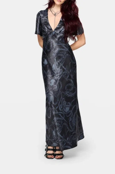 Disturbia Ophion Print Satin Maxi Dress In Gray