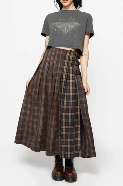 Disturbia Raven Pleated Check Buckle Maxi Skirt In Brown