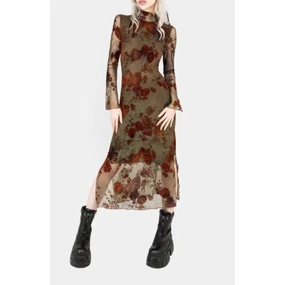 Disturbia Rosaleigh Flock Velour Mesh Midaxi Dress In Brown