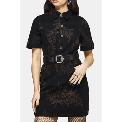 Disturbia Ruin Fern Printed Denim Mini Shirt Dress In Black