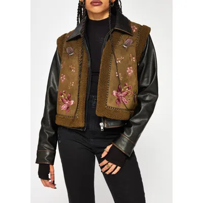 Disturbia Sylvara Borg Embroidered Bug Gilet In Black
