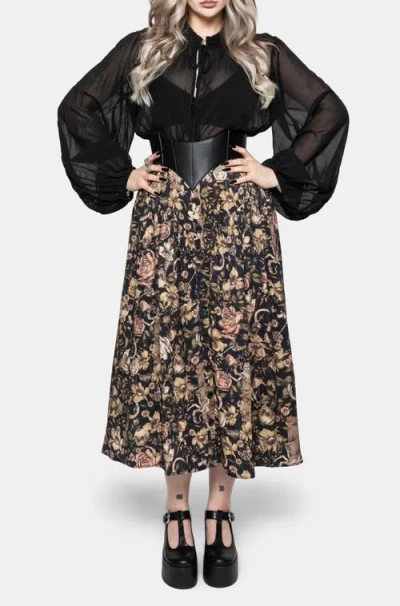 Disturbia Triple Goddess Button Down Midi Skirt In Black