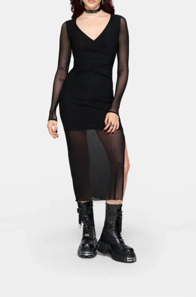 Disturbia Zillah Ruched Wrap Mesh Midi Dress In Black