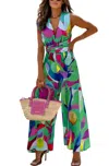 Diva Catwalk Valina Tie Up Abstract Wide Leg Jumpsuit In Green In Green