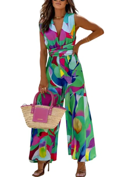 Diva Catwalk Valina Tie Up Abstract Wide Leg Jumpsuit In Green
