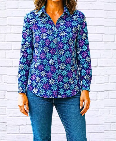 Diva Usa Daisy Floral Collared Long Sleeve Shirt In Blue In Multi
