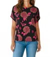 Diva Usa Floral Print Short Sleeve Blouse In Black And Pink In Black