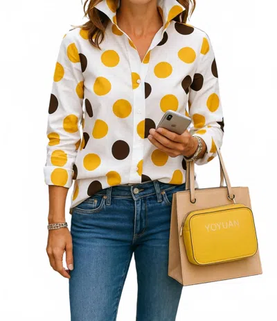Diva Usa Polka Dot Asymmetrical Shirt With Flared Sleeve In Black And Yellow In Multi
