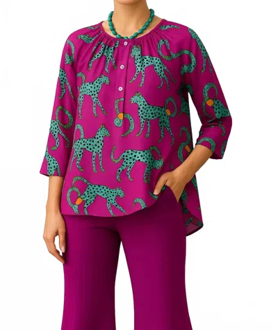 DIVA USA ROUND NECK BUTTON UP KNIT TOP IN MAGENTA CHEETAH PRINT