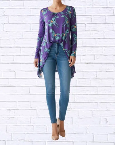 Diva Usa Sibella Pleated Front Long Sleeve Blouse In Purple Cheetah