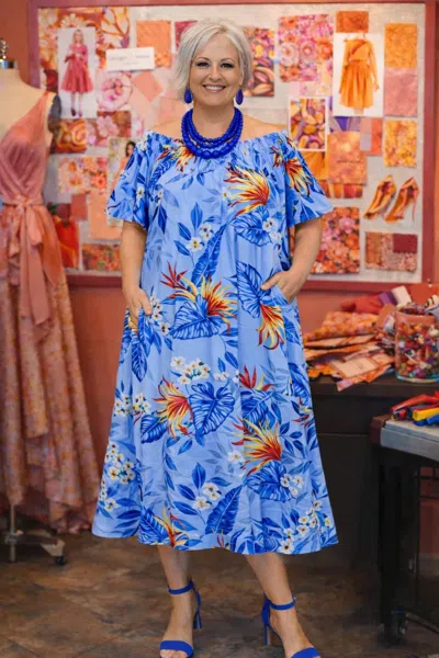 Diva Usa Tropical Off Shoulder Midi Dress In Blue In Multi