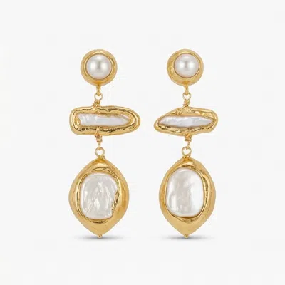 Divine Aria Women's Gold / White Lelia Natural Keshi Pearl Statement Dangle Earrings. In Multi